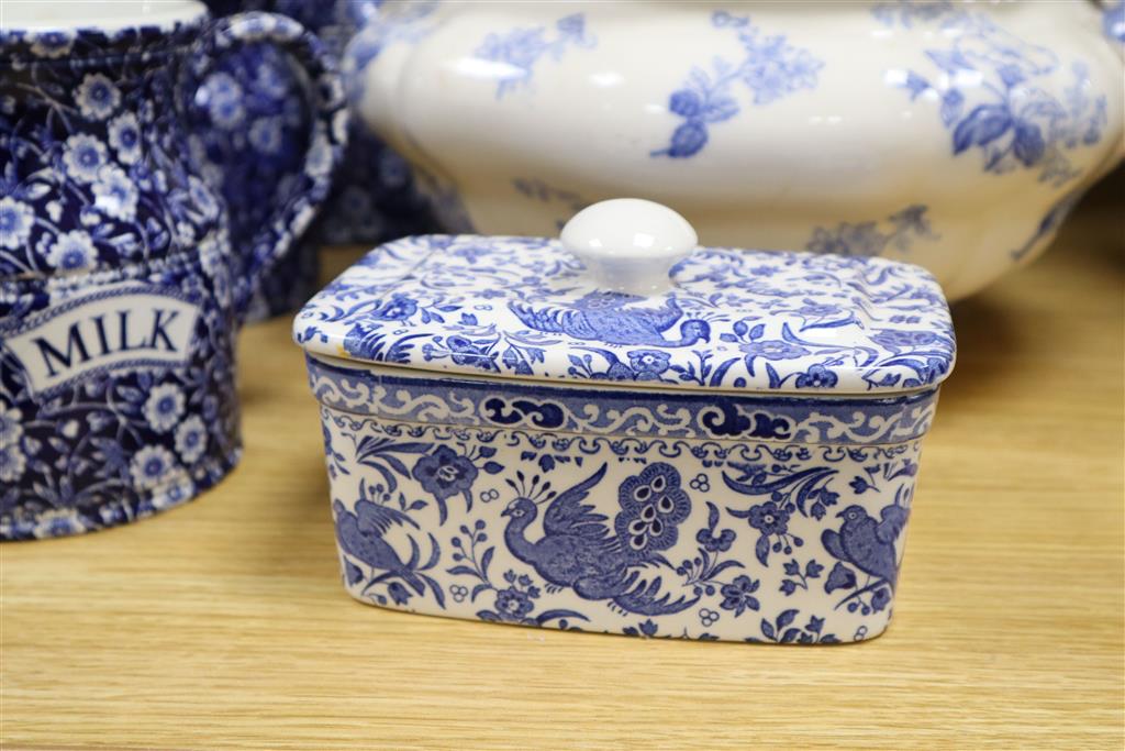 A group of Burleigh ware callico jugs and jars, soup tureen, ladle, butter dish and jardiniere